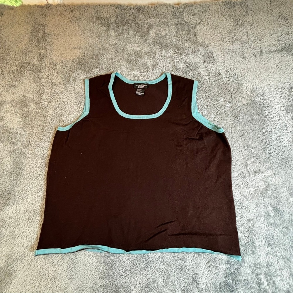 Russell Kemp Woman Brown Blue Trim Sleeveless Sweater Shell Top 1X 3060